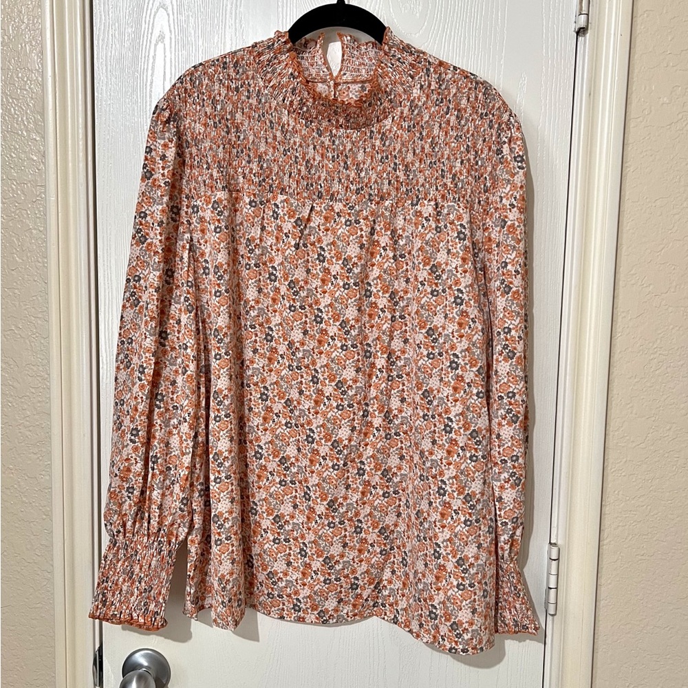Shein Orange Floral Print Top Smocked Mock Neck Popover Cottagecore Prairie 2X